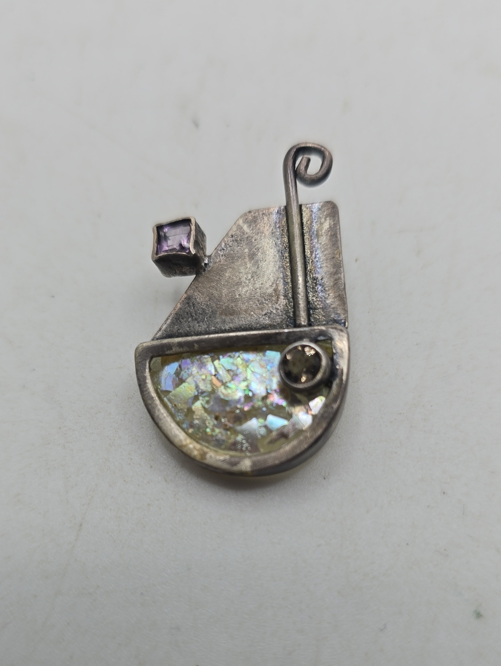 Sterling Silver Iridescent Roman Glass & Amethyst Geometric Pendant/Brooch